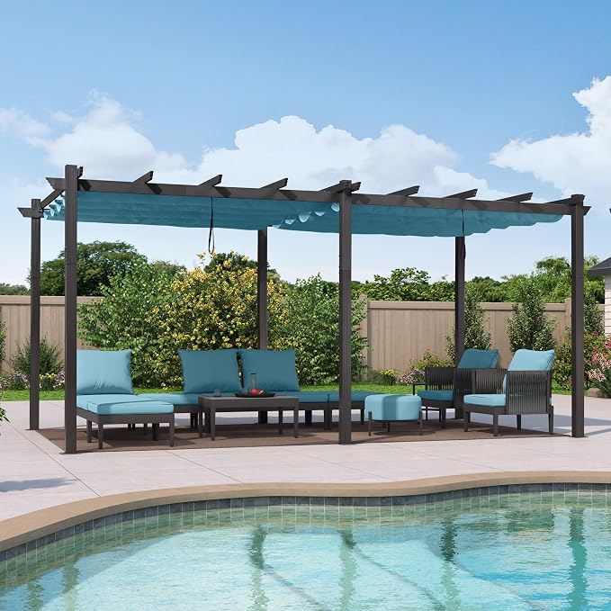 PURPLE LEAF Outdoor Pergola Retractable Aluminum 12' X 18', Turquoise Blue | by PURPLELEAF