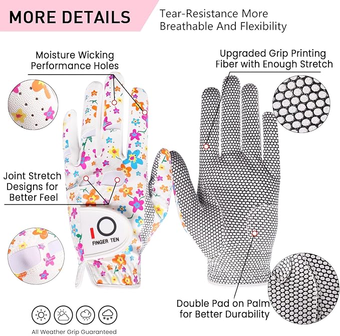 FINGER TEN Ladies Golf Gloves Left Right Hand 1 Pack, Golf Glove for Women's Golfer Lh Rh All Weather Grip, Size Fit Small Medium Large XL