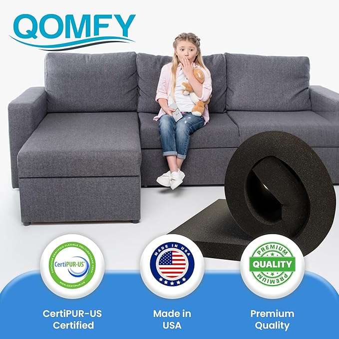 QOMFY 4" Height x 18" Width x 24" Length Charcoal Upholstery Foam Sheet | Made in USA | Multi-Purpose Foam for Upholstery, DIY, Packaging & Acoustic Projects
