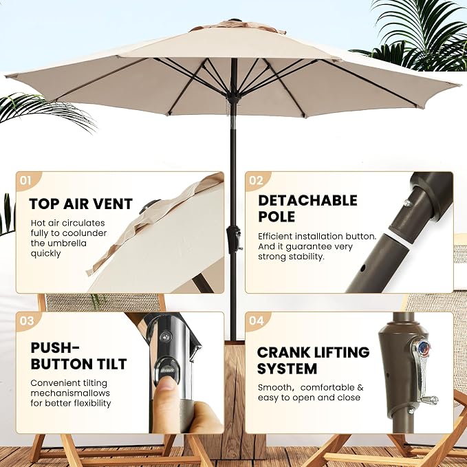 Ayge 9 FT Patio Umbrella Outdoor Table Umbrella Fiberglass Frame Beige | 9 FT - Image 3
