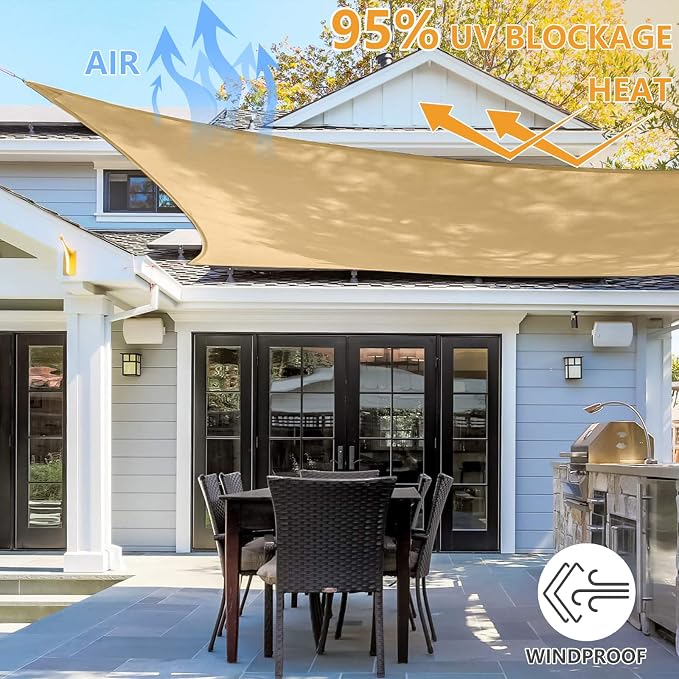 12' x 16' Rectangle Sun Shade Sail, 185 GSM HDPE, Sand | 95% UV block, - Image 6
