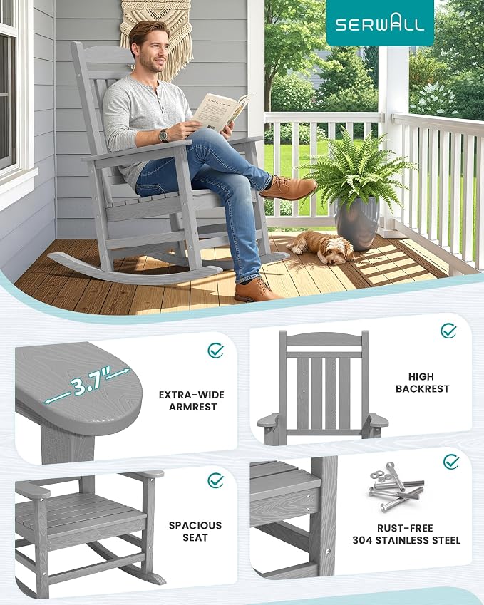 SERWALL Outdoor Rocking Chair Set of 2, Patio Rocking Chair, Light Gray | HDPE - Image 7
