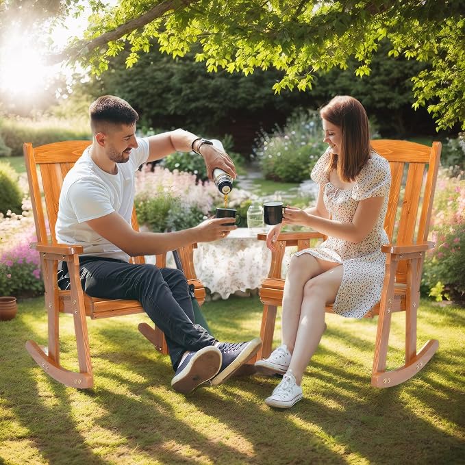 VINGLI Outdoor Rocking Chair, Heavy Duty 600 LBS Wooden Rocker, Teak | High & - Image 7