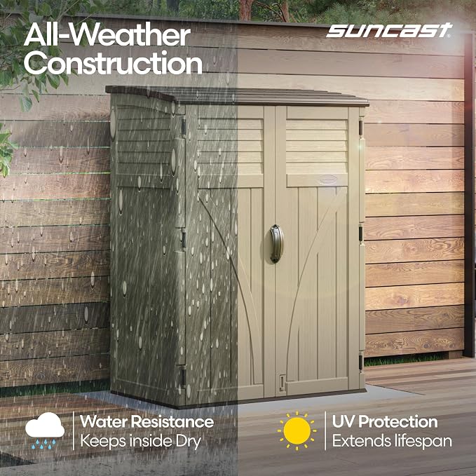 Suncast Outdoor Storage Shed, Water Resistant Resin Vertical Outdoor Storage - Image 5