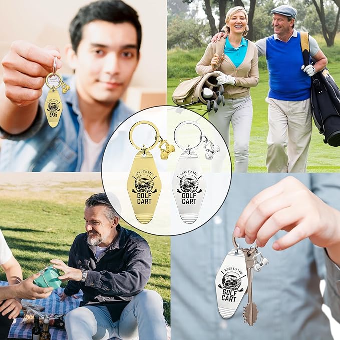 2pcs Golf Cart Keychain for Golfer, Retro Metal Car Accessories, Funny Golf Birthday Gifts Key Ring for Men Father Husband