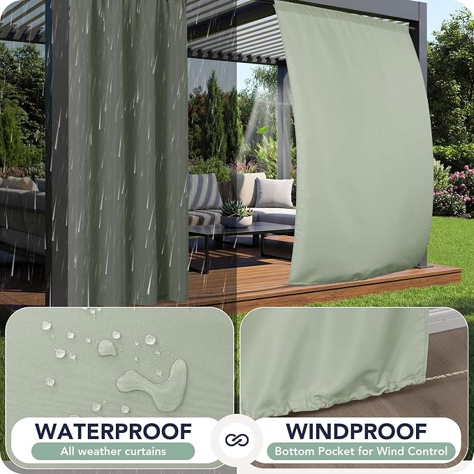 Outdoor Curtains for Patio Waterproof, 8 Panels, Rod Pocket | Weatherproof & - Image 2