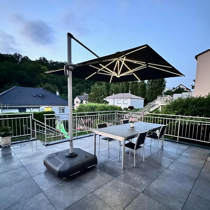 PURPLE LEAF Cantilever Umbrella 11'X11' Double Top Solar LED Light, Stays bright by PURPLELEAF