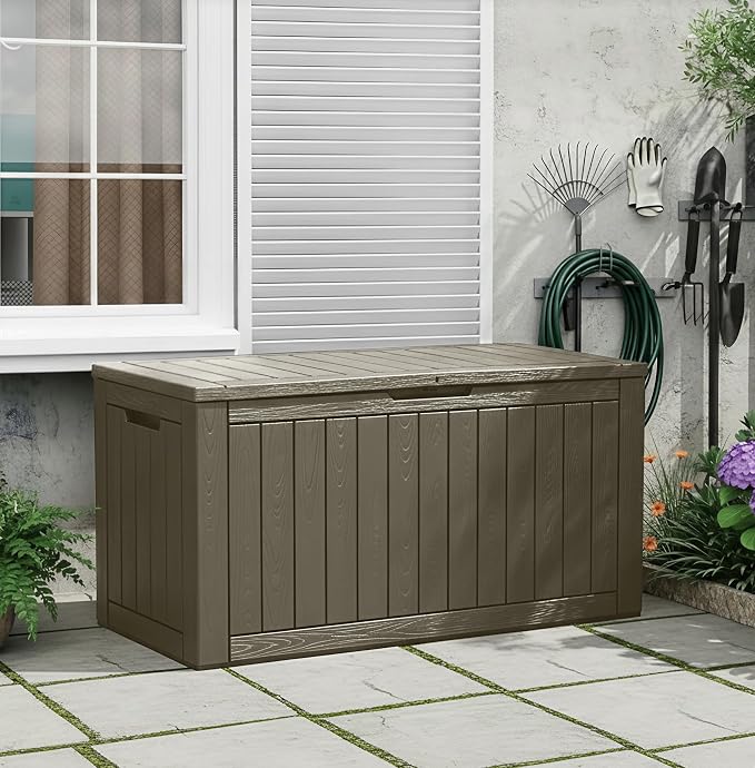 110 Gallon Waterproof Large Resin Deck Box, Lockable Large Outdoor Storage Box by KAMABOKO