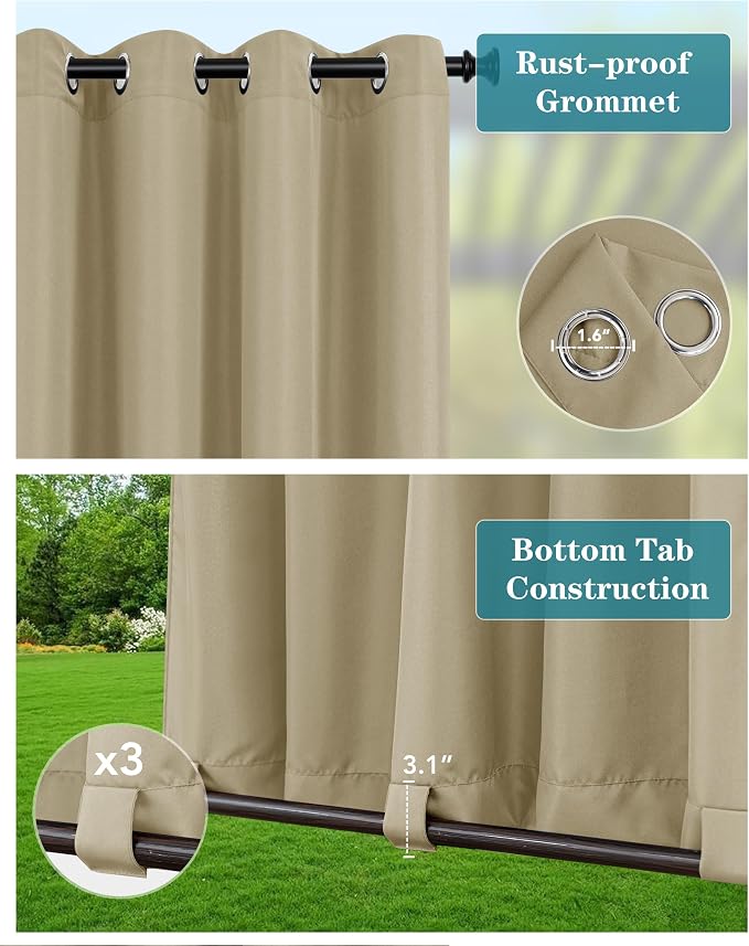 Windproof Outdoor Curtains for Patio Waterproof 4 Pcs 54x95 In Taupe | Grommet - Image 2