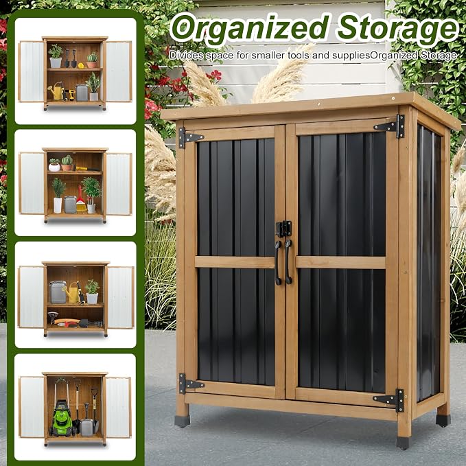 Ketive Small Outdoor Storage Cabinet Wood & Metal, Small Garden Tool Storage - Image 5