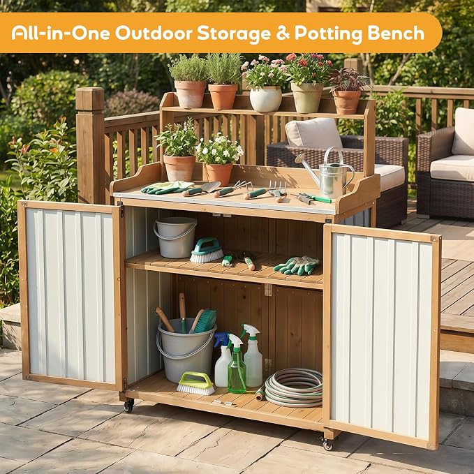 Potting Bench with Storage & Wheels, Mobile Outdoor Cabinet - Image 2