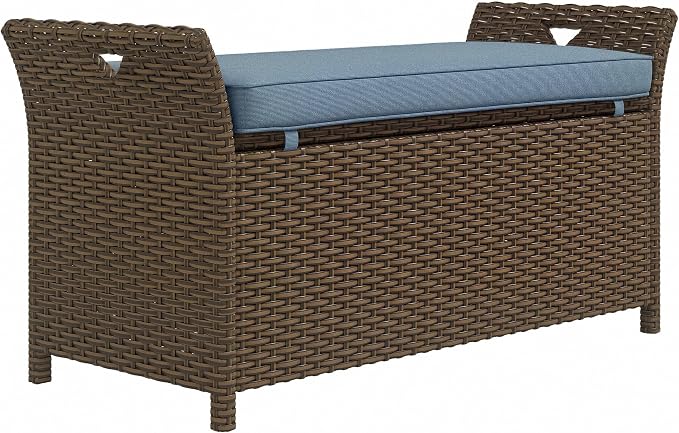 Outsunny 29 Gallon Patio Wicker Storage Bench Outdoor PE Rattan Dark Blue | by Outsunny