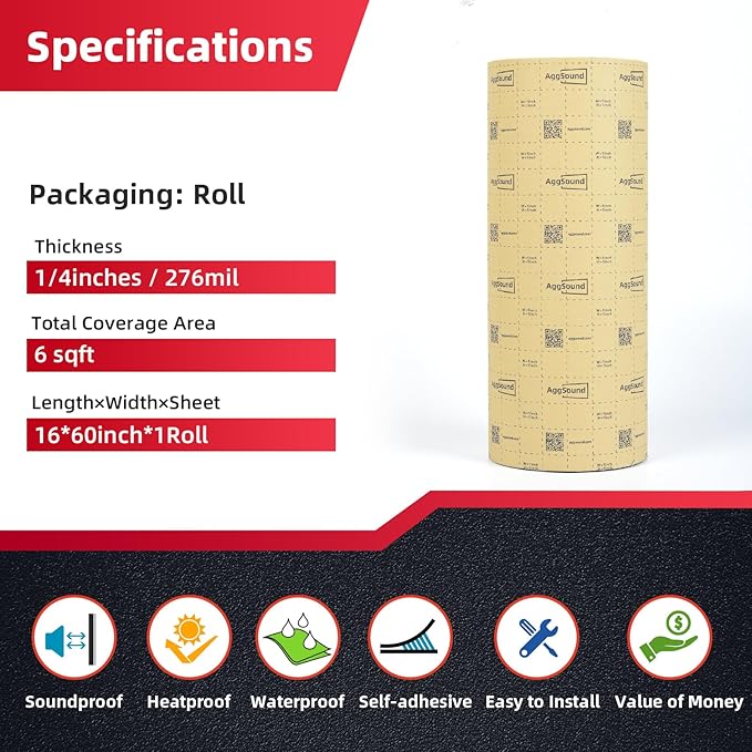Sound Deadening Mat 1/4inch(7 mm) 6.54sqft - Aluminum Foil Foam Car Sound Deadening Material - Self-Adhesive Hood Insulation Heat Shield Auto Sound Dampening