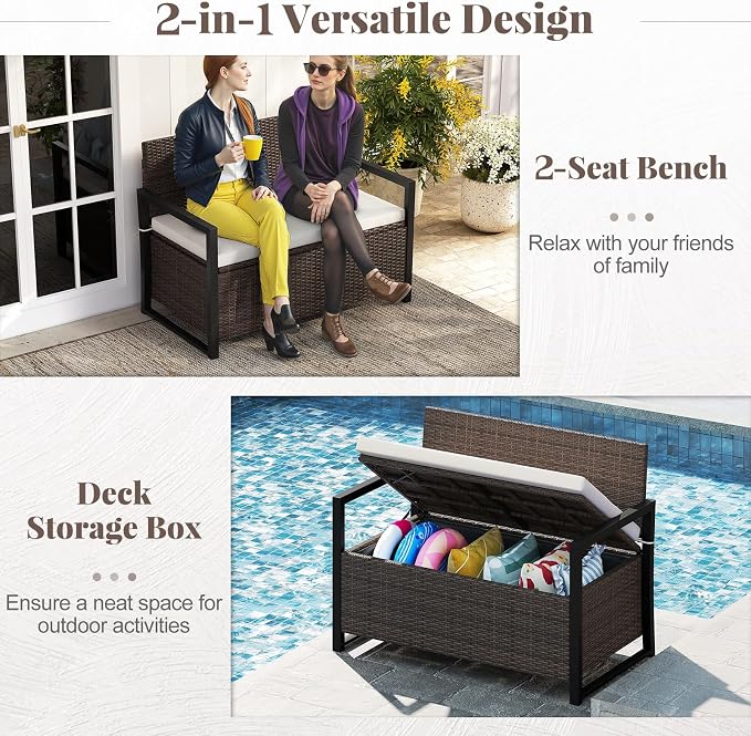 RELAX4LIFE Wicker Rattan Outdoor Storage Loveseat Bench Mix Brown Off White | - Image 4