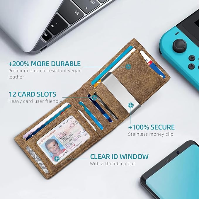 Zitahli Money Clip Wallets for Men,Slim Bifold Wallet 10-12 Cards, Mens Leather Wallet with ID Window,RFID Blocking Thin Minimalist Credit Card Holder,Gifts for Him