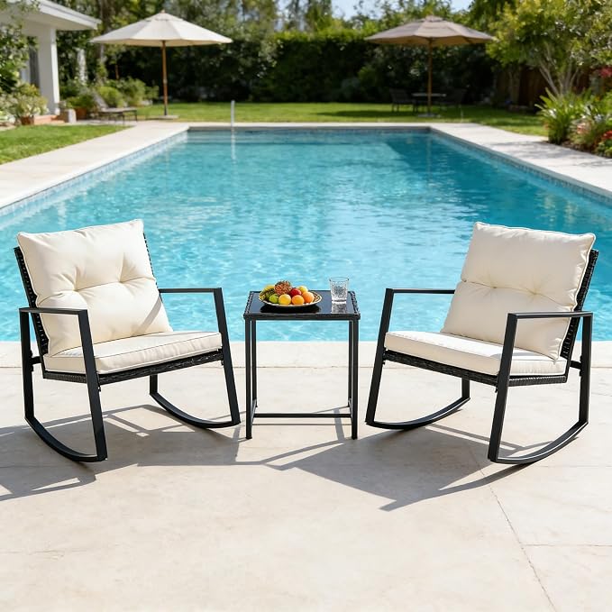 SUNCROWN 3 Piece Outdoor Rocking Bistro Set Black Wicker Furniture Porch Chairs - Image 2