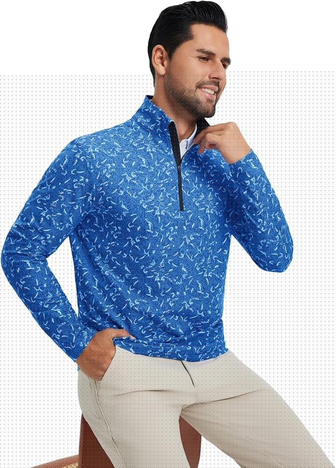 M MAELREG Quarter Zip Golf Pullover Men Dry Fit Long Sleeve Performance Wicking 1/4 Zip Full Print Pullover Mens Sweatshirt