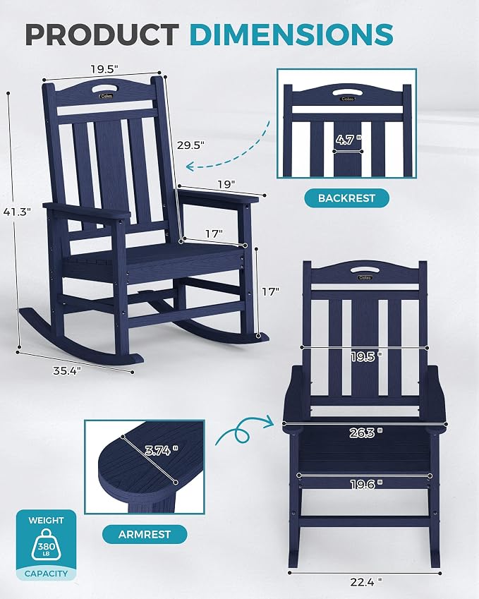 Oversized Outdoor Rocking Chairs Set of 3, 380lbs Heavy-Duty Large Patio Rocker - Image 2