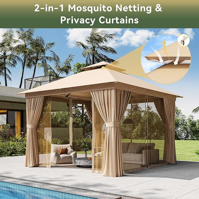 10'x10' Gazebo with Light, Outdoor Gazebo with Double Roofs | Metal Frame Canopy - Image 3
