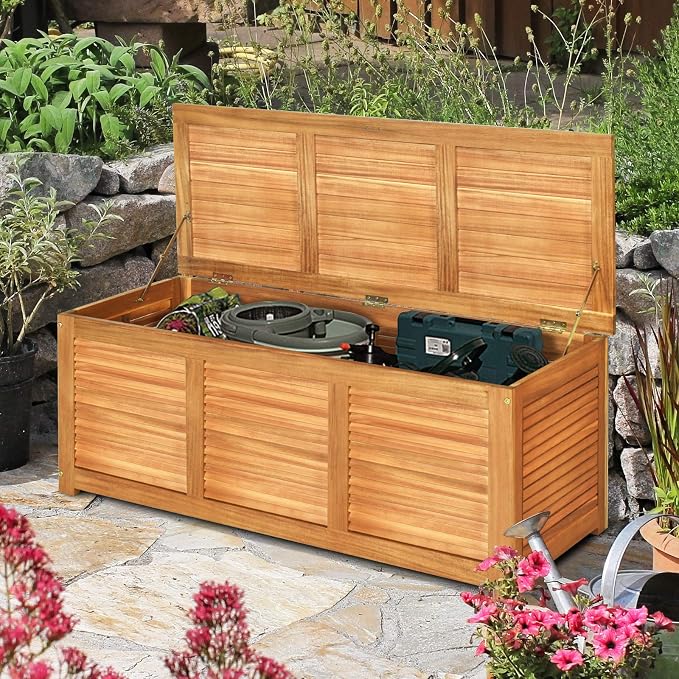 Tangkula 46 Gallon Acacia Wood Deck Box, Garden Backyard Storage Bench - Image 8