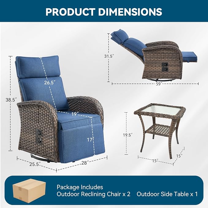 3 Pieces Zero Gravity Patio Swivel Recliner Chairs Set of 2 - Image 2