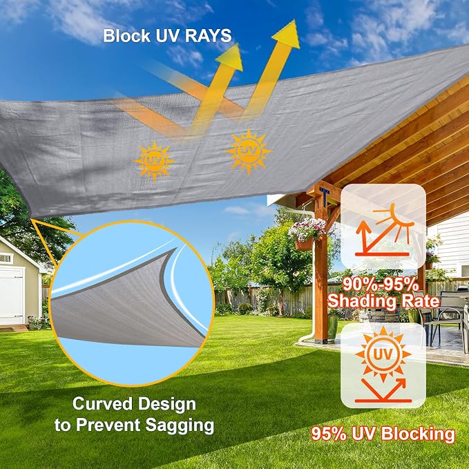 Sun Shade Sail 20'x20'x28.3' Silver Grey Rectangle Shade Cover | 95% UV Block - Image 4