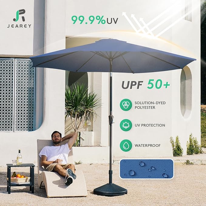 JEAREY 9FT Outdoor Patio Umbrella, Market Umbrella, Dark Blue | Outdoor Table - Image 3