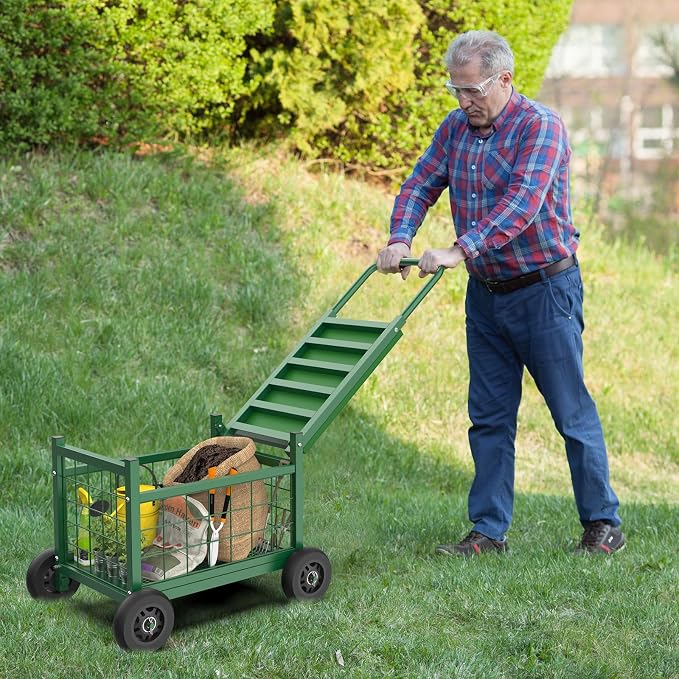 Garden Cart with Seat, 3-in-1 Rolling Seat with Wheels - Image 2