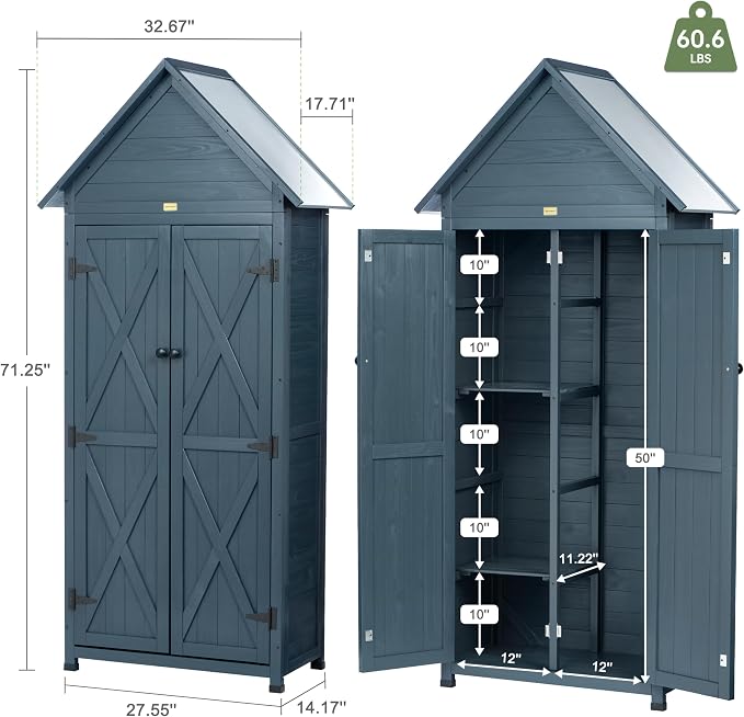 Outdoor Storage Shed with Floor & Adjustable Shelves, Wooden Garden Tool - Image 3
