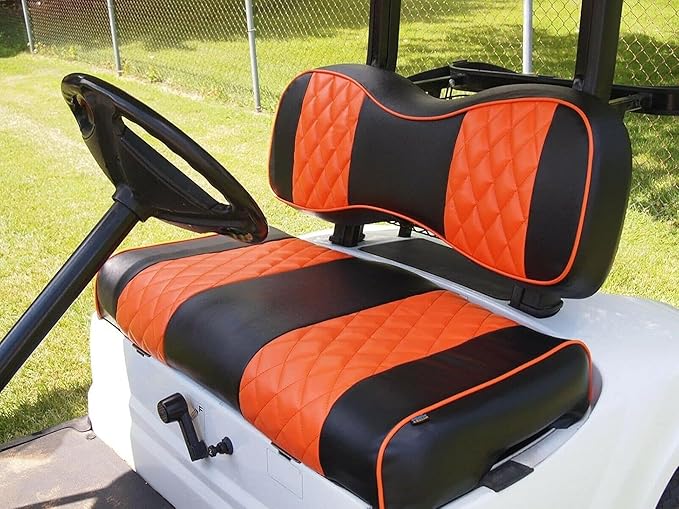 Huskey 2PCS Golf Cart Front Seat Covers for EZGO RXV 2008-UP G&E Models Custom Two-Tone Black/Orange Diamond Stitching with Orange Piping, Marine Grade Vinyl Material, Staple on Design