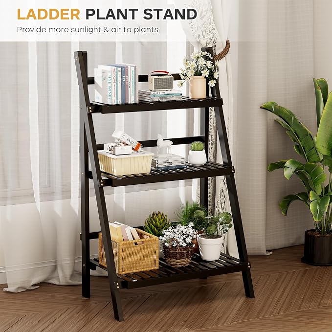 oakvivo 39.4" Foldable Plant Shelf Ladder Shelf, 3 Tier Bamboo Ladder Flower - Image 8