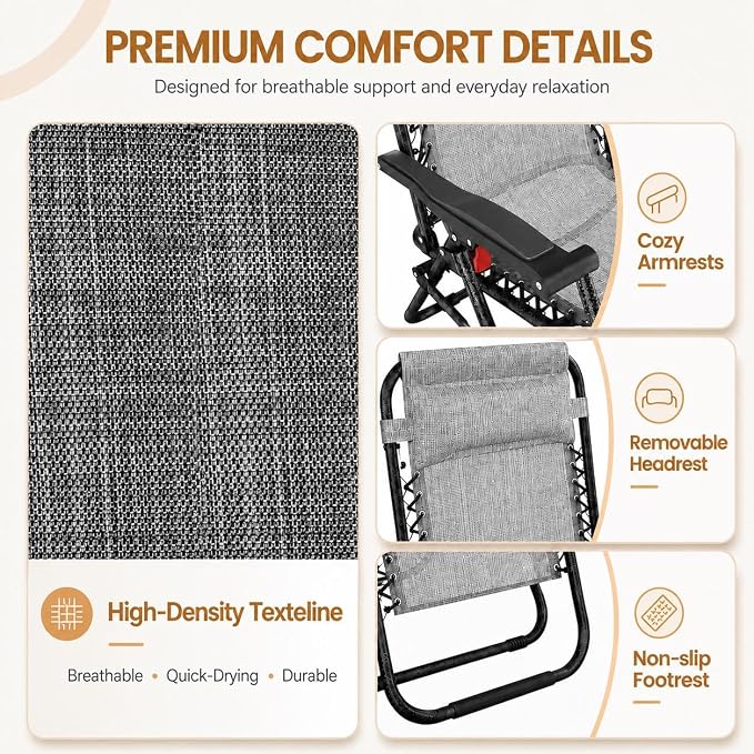 Yaheetech 26" Zero Gravity Recliners Adjustable Set of 2, Cup Holder Trays and - Image 6