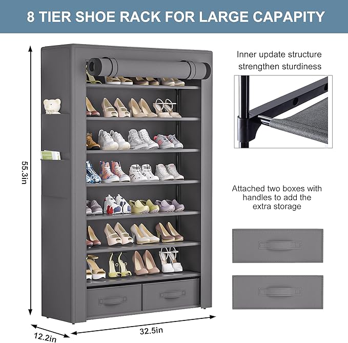OYREL Shoe Rack Storage Cabinet 32 Pairs Organizer Shelf Tall for Shoes Large Free Standing Racks Vertical Shoe Holder Stand with Cover Two Boxes Closet