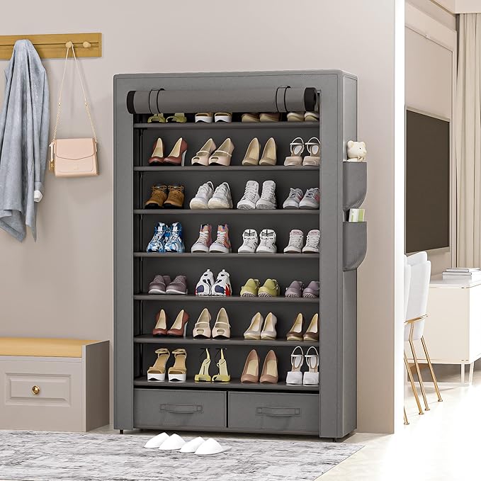 OYREL Shoe Rack Storage Cabinet 32 Pairs Organizer Shelf Tall for Shoes Large Free Standing Racks Vertical Shoe Holder Stand with Cover Two Boxes Closet