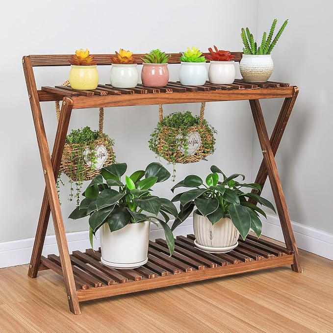 Indoor Plant Stand Shelf for Multiple Plants Hanging 2 Tier Wood | Outdoor - Image 7