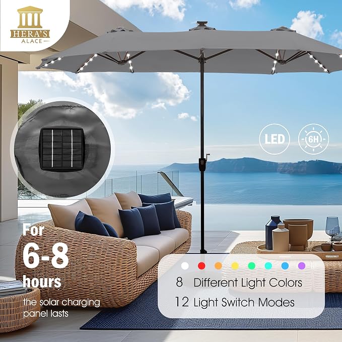 13 ft Patio Umbrella with 120 LED Solar Lights Outdoor Umbrella, 8 Colors - Image 2
