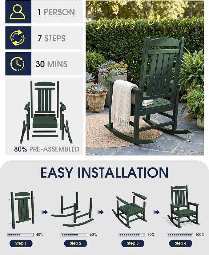 Oversized Outdoor Rocking Chairs Set of 6, HDPE Porch Rocker - Image 7