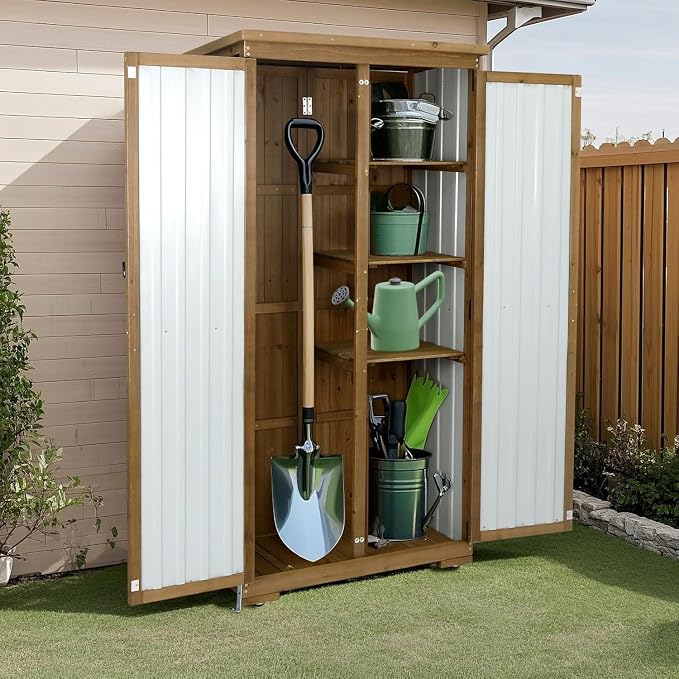 Outdoor Storage Cabinet with Shelf, Wood & Metal Storage Shed with Waterproof - Image 7