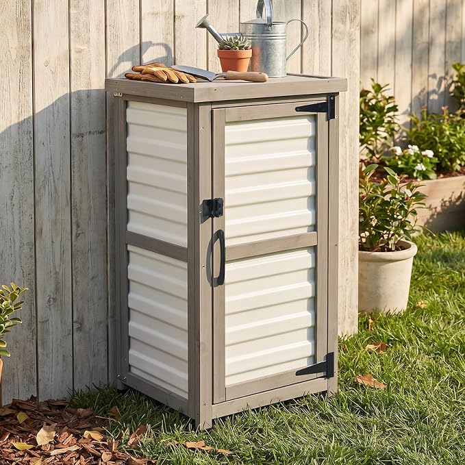 Outdoor Storage Cabinet with Metal Top, Wooden & Plastic Potting Bench & Tool by PETSCOSSET