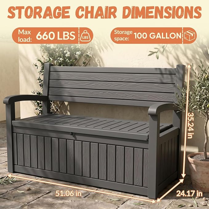 100 Gallon Outdoor Storage Bench, Lockable Patio Storage Bench, - Image 3