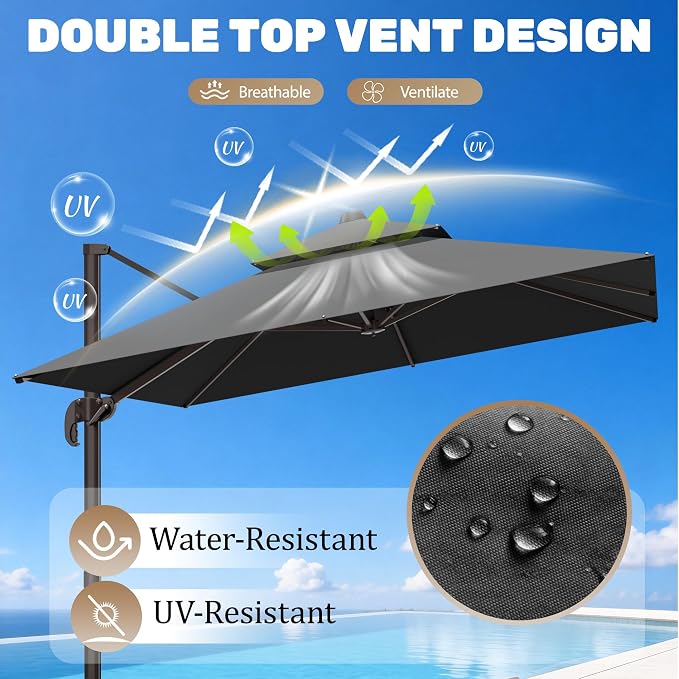 10x10Ft Patio Umbrella Outdoor Cantilever Rectangle Umbrella, 6-Level Tilt & - Image 2