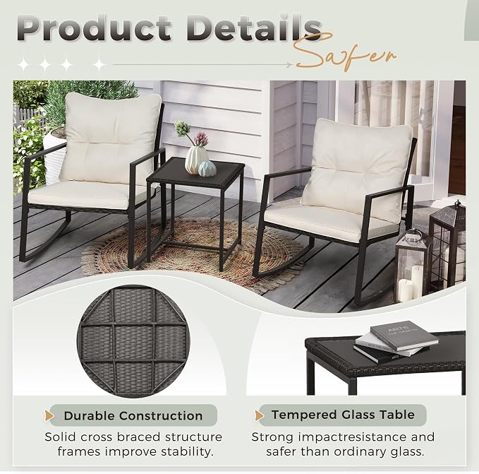 SUNCROWN 3 Piece Outdoor Rocking Bistro Set Black Wicker Furniture Porch Chairs - Image 6