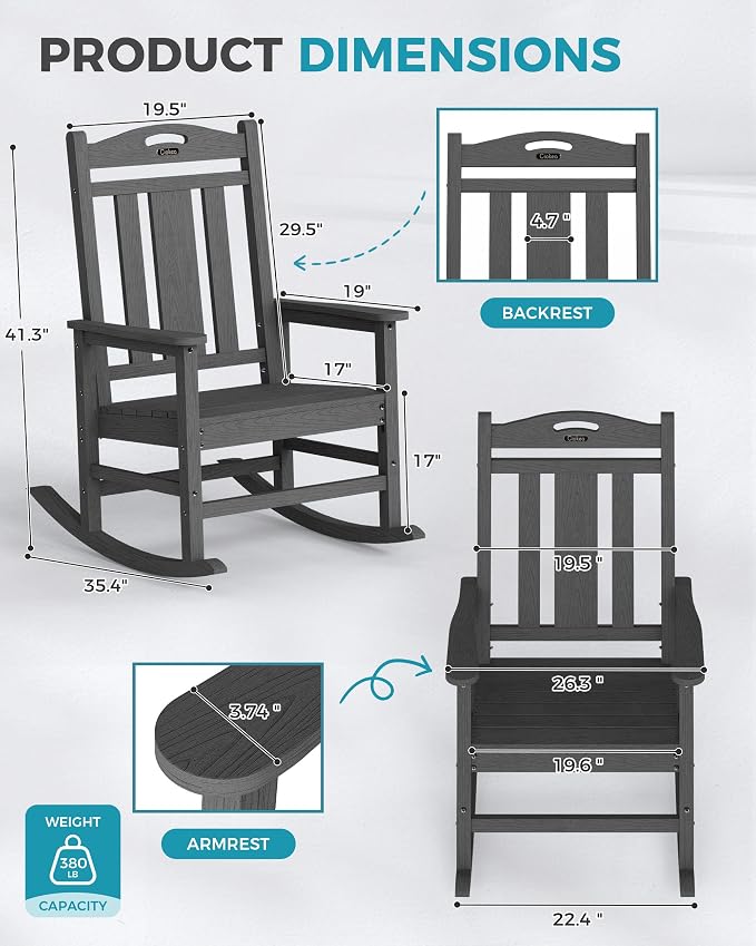 Oversized Outdoor Rocking Chairs Set of 6, 380lbs Heavy-Duty Large Patio Rocker - Image 3