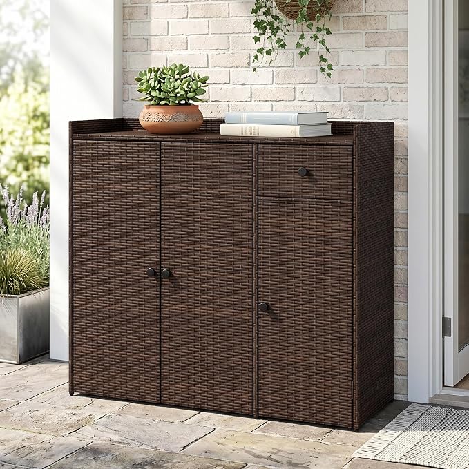 Tangkula Rattan Outdoor Storage Cabinet, Patiojoy Outdoor Cabinet - Image 8