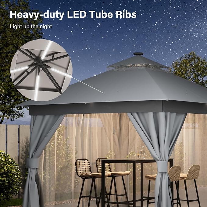 10'x10' Outdoor Gazebo with LED Lights, Metal Heavy Duty Patio Canopy Tent with - Image 4