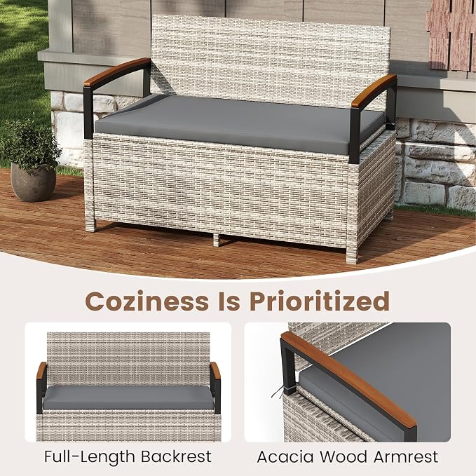RELAX4LIFE Wicker Outdoor Storage Bench, Rattan Deck Box | 46 Gallon Mix Grey - Image 7