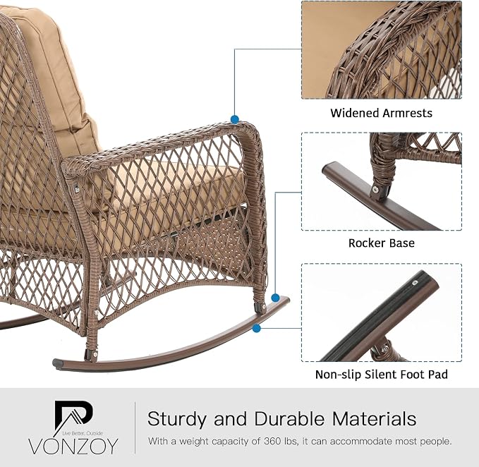 Patio Furniture Set 3 Pieces, Wicker Outdoor Rocking Bistro Set, Khaki | VONZOY - Image 4