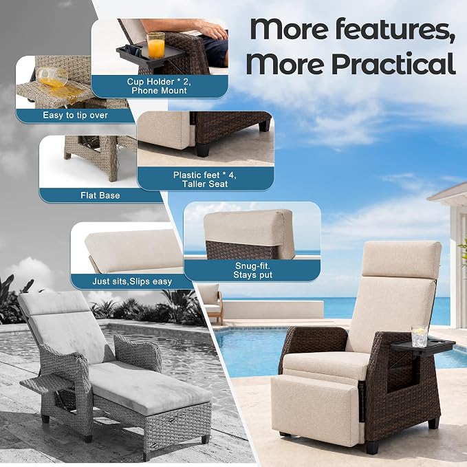 Outdoor Recliner for Patio, 180° Simultaneous Recline, Adjustable Back & - Image 5