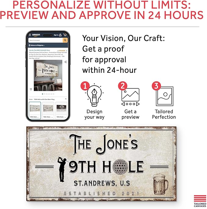TAILORED CANVASES Golf Art Decor - Personalized Vintage Golf Wall Art Sign for Man Cave, Bedroom, Basement, Home Bar and Custom Gift for Husband, Dad, Wedding & Anniversary - 19th Hole Sign, 48"x24"