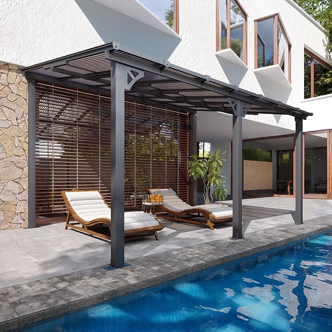 10x14FT Lean to Gazebo Pergola Patio Pergolas withSloped Roof | Large Wall - Image 3